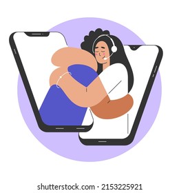 Vector illustration with hugging people on background of smartphone in flat cartoon style with outline. Helpdesk, telephone helpline, hotline operator communication, call center. Isolated template.