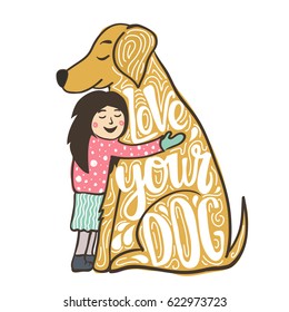 Ilustración vectorial con abrazos carita sonriente joven y recuperador dorado. Me encanta tu cita con letras de Perro. Concepto de amistad humana y animal, afiche lindo con texto