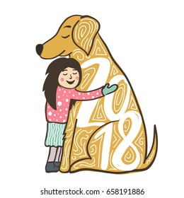 Vector illustration with hugging smiley face young girl and golden retriever. 2018 Happy New Year greeting card