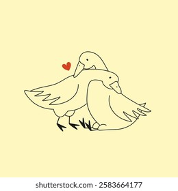 Vector illustration with hugging and supporting each other geese. Cute and romantic print design, home decoration poster, greeting card template, apparel print design