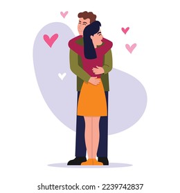 Vector illustration of hugs. Cartoon scene with girl and guy who hug and hearts fly around them on white background.