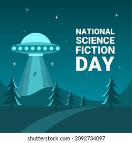 Vector illustration, Human abduction by UFO in a valley, as a banner or poster for World UFO Day or National Science Fiction Day.