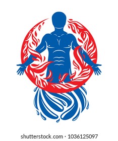 Vector illustration of human, athlete created form water and surrounded by a fireball. Living in harmony with nature, environment protection concept.