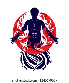 Vector illustration of human, athlete created form water and surrounded by a fireball. Living in harmony with nature, environment protection concept.