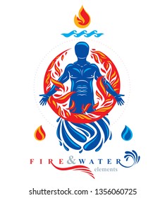 Vector illustration of human, athlete created form water and surrounded by a fireball. Living in harmony with nature, environment protection concept.