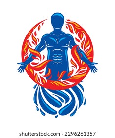 Vector illustration of human, athlete created form water and surrounded by a fireball. Living in harmony with nature, environment protection concept.