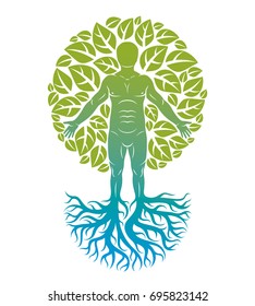 Vector illustration of human, athlete created as continuation of tree with strong roots and surrounded by eco green leaves. Environmental conservation theme, green innovation metaphor.