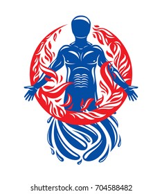 Vector illustration of human, athlete created form water and surrounded by a fireball. Living in harmony with nature, environment protection concept.