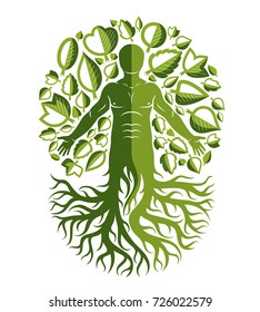 Vector illustration of human, athlete created as continuation of tree with strong roots and surrounded by eco green leaves. Environmental conservation theme, green innovation metaphor.