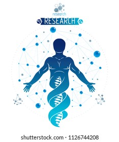 Vector illustration of human, athlete depicted as DNA symbol continuation and created with wireframe connections. Bioengineering and genetics concept.