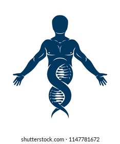 Vector illustration of human, athlete depicted as DNA strands continuation. Molecular biotechnology concept.