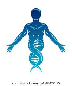 Ilustración vectorial de humano, atleta representado como hebras de ADN continuación. Concepto de biotecnología molecular.