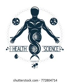 Vector illustration of human, athlete depicted as DNA symbol continuation and created with wireframe connections. Bioengineering and genetics concept.