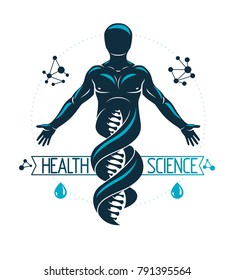 Vector illustration of human, athlete depicted as DNA symbol continuation and created with wireframe connections. Bioengineering and genetics concept.