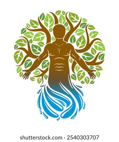 Vektorgrafik des menschlichen Athleten, der von der Wasserwelle herrührt und von ökologisch grünen Blättern umgeben ist. Thema Umweltschutz, Metapher für grüne Ökologie.