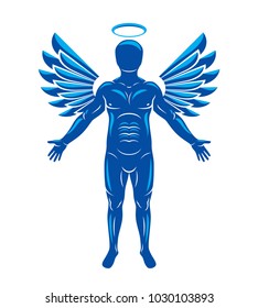 Vector illustration of human, athlete made using angel wings and nimbus. Holy Spirit, cherub metaphor.