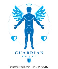 Vector illustration of human, athlete made using angel wings and nimbus. Holy Spirit, cherub metaphor.