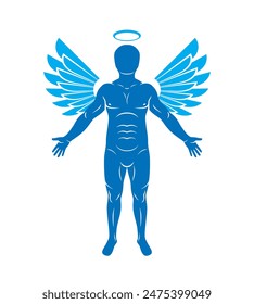 Vector illustration of human, athlete made using angel wings and nimbus. Holy Spirit, cherub metaphor.