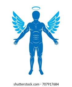 Vector illustration of human, athlete made using angel wings and nimbus. Holy Spirit, cherub metaphor.