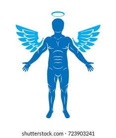 Vector illustration of human, athlete made using angel wings and nimbus. Holy Spirit, cherub metaphor.