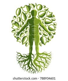 Vector illustration of human, athlete made as continuation of tree with strong roots and surrounded by eco green leaves. Mythic creature, Perun Slavic god.