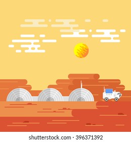 Vector illustration of human base on Mars in a daytime.