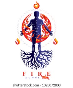 Vector illustration of human being created with tree roots. Human and nature harmony, fire man covered with a fireball.