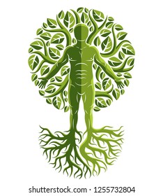 Vector illustration of human being created as continuation of tree with strong roots and composed using natural green tree corona with leaves. Greenman, pagan god metaphor.