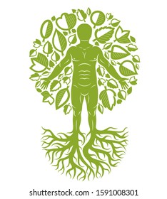 Vector illustration of human being created as continuation of tree with strong roots and made using natural green leaves. Human growth and personality development concept.  