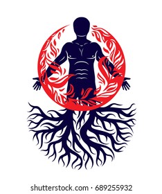 Vector illustration of human being created with tree roots. Human and nature harmony, fire man covered with a fireball.