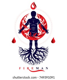 Vector illustration of human being created with tree roots. Human and nature harmony, fire man covered with a fireball.