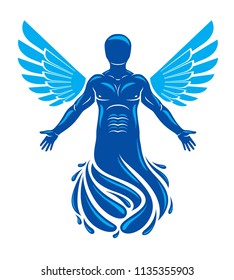Vector illustration of human being deriving from water and composed with bird wings. Human and nature coexistence, freedom and liberty idea.
