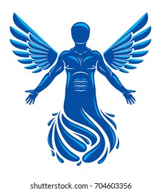 Vector illustration of human being deriving from water and composed with bird wings. Human and nature coexistence, freedom and liberty idea.