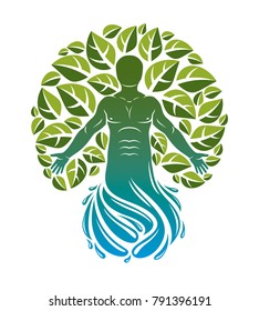 Vector illustration of human being deriving from water wave and made using natural green leaves. Wanderlust and countryside vacation idea, natural lifestyle.