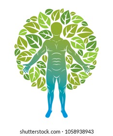 Vector illustration of human being standing on white background and made using natural green leaves. Greenman, pagan god metaphor.