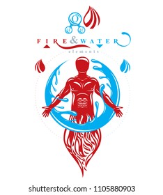 Vector illustration of human being standing, mythic ancient god. Prometheus surrounded by a water ball, water and fire diversity and harmony.