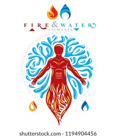 Vector illustration of human being standing, mythic ancient god. Prometheus surrounded by a water ball, water and fire diversity and harmony.