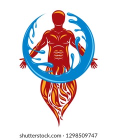 Vector illustration of human being standing, mythic ancient god. Prometheus surrounded by a water ball, water and fire diversity and harmony.