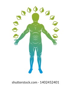 Vector illustration of human being standing on white background and made using natural green leaves. Wanderlust and countryside vacation idea, natural lifestyle.