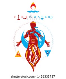 Vector illustration of human being standing, mythic ancient god. Prometheus surrounded by a water ball, water and fire diversity and harmony.