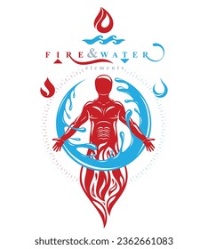 Vector illustration of human being standing, mythic ancient god. Prometheus surrounded by a water ball, water and fire diversity and harmony.