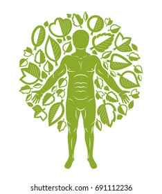 Vector illustration of human being standing on white background and made using natural green leaves. Greenman, pagan god metaphor.