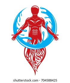 Vector illustration of human being standing, mythic ancient god. Prometheus surrounded by a water ball, water and fire diversity and harmony.