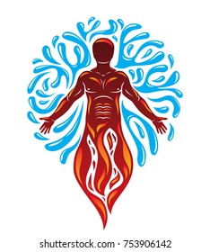 Vector illustration of human being standing, mythic ancient god. Prometheus surrounded by a water ball, water and fire diversity and harmony.