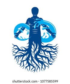 Vector illustration of human being, strong athlete with tree roots and limitless symbol composed from water splash. Human water consumption idea.
