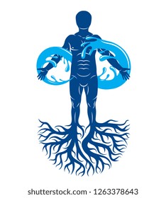 Vector illustration of human being, strong athlete with tree roots and limitless symbol composed from water splash. Human water consumption idea.