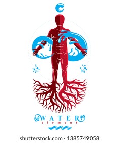 Vector illustration of human being, strong athlete with tree roots and limitless symbol composed from water splash. Human water consumption idea.
