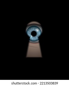 Vector illustration of human blue eye peeking through the dark keyhole spying on someone