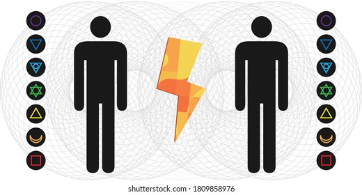 vector illustration of human body with electromagnetic fields and chakras and thunder electric energy