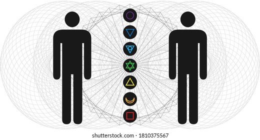 vector illustration of human body with electromagnetic fields and chakras for spiritual energy flow